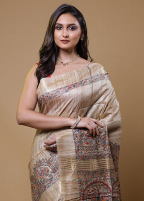 Cream Tussar Silk Saree With Blouse Piece