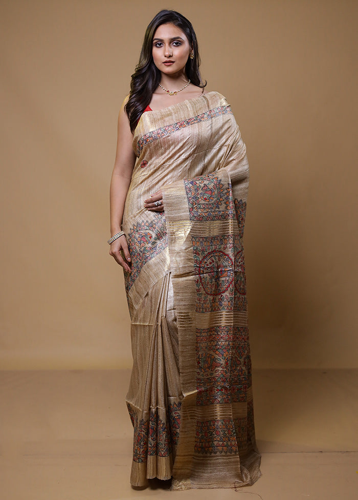 Cream Tussar Silk Saree With Blouse Piece