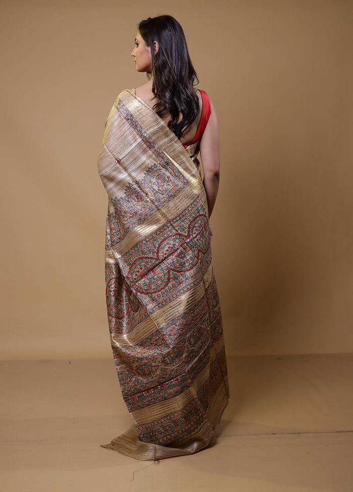 Cream Tussar Silk Saree With Blouse Piece