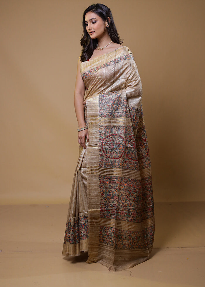 Cream Tussar Silk Saree With Blouse Piece