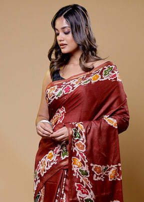 Brown Chanderi Cotton Saree With Blouse Piece