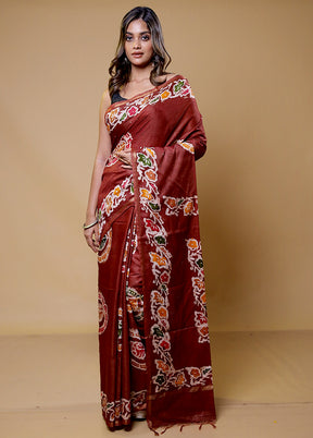 Brown Chanderi Cotton Saree With Blouse Piece