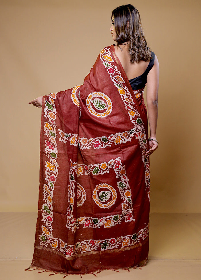 Brown Chanderi Cotton Saree With Blouse Piece