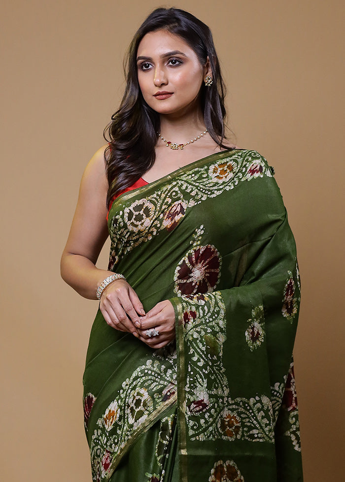 Green Chanderi Cotton Saree With Blouse Piece