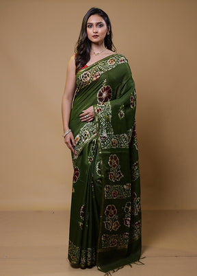 Green Chanderi Cotton Saree With Blouse Piece