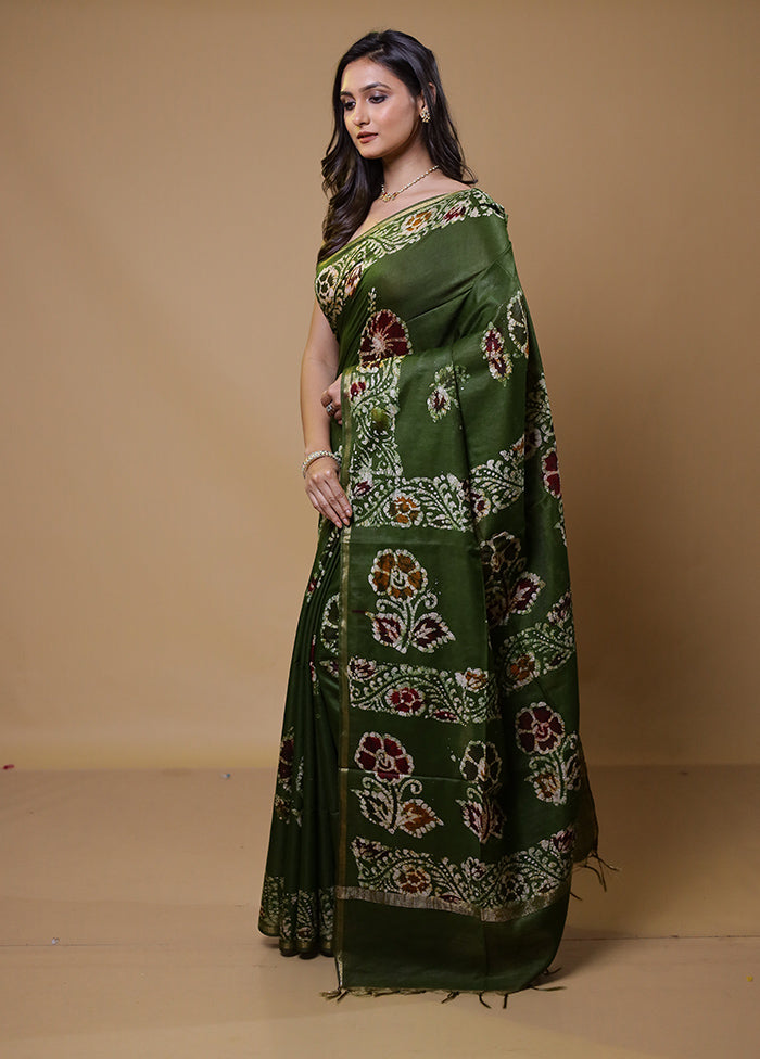 Green Chanderi Cotton Saree With Blouse Piece