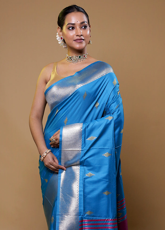 Blue Dupion Silk Saree With Blouse Piece