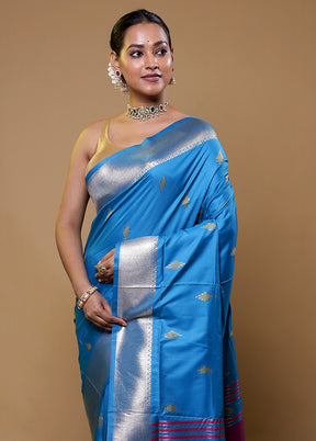 Blue Dupion Silk Saree With Blouse Piece