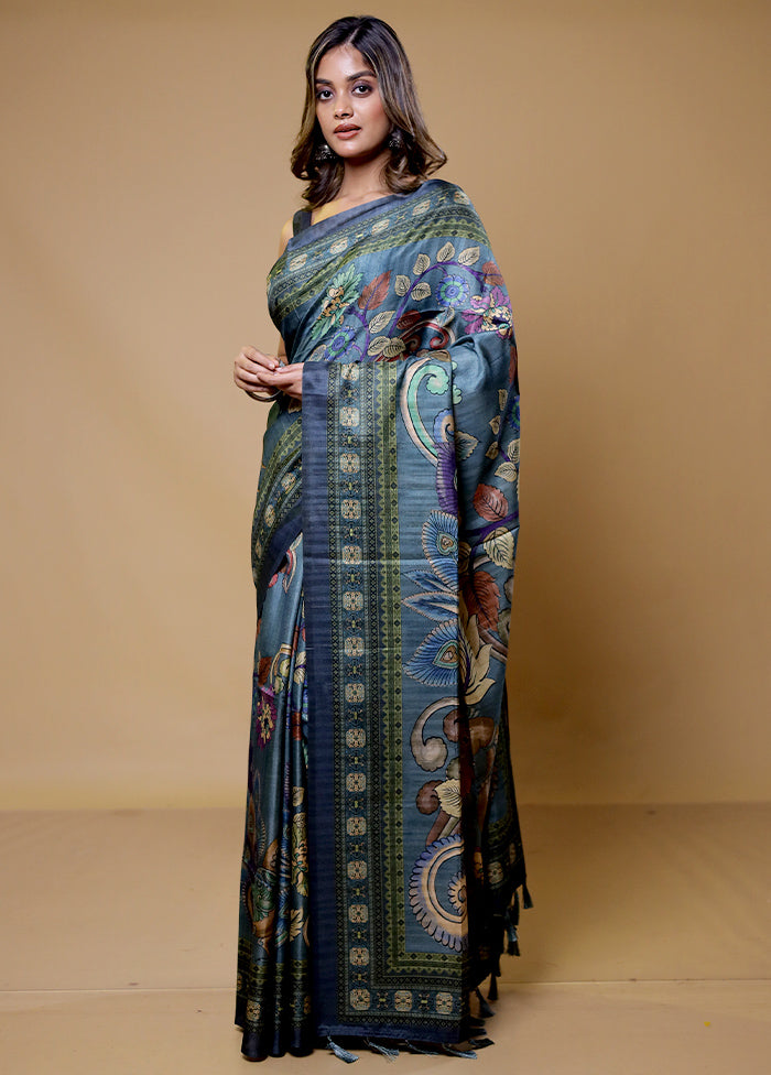 Grey Tussar Silk Saree With Blouse Piece