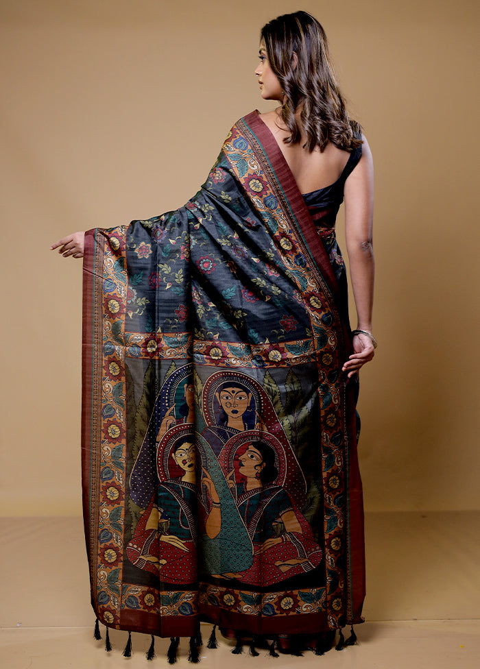 Black Tussar Silk Saree With Blouse Piece