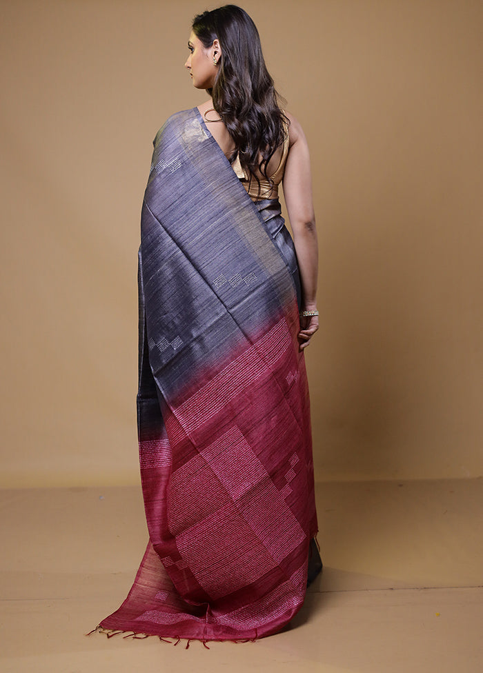 Grey Handloom Tussar Pure Silk Saree With Blouse Piece