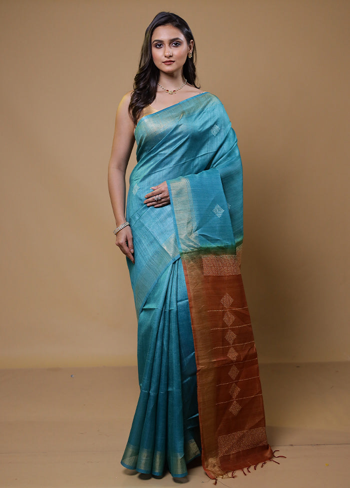 Blue Handloom Tussar Pure Silk Saree With Blouse Piece