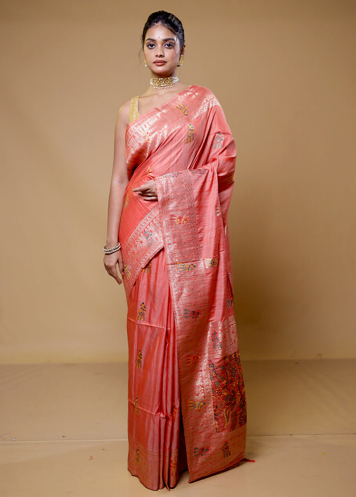 Pink Tussar Silk Saree With Blouse Piece