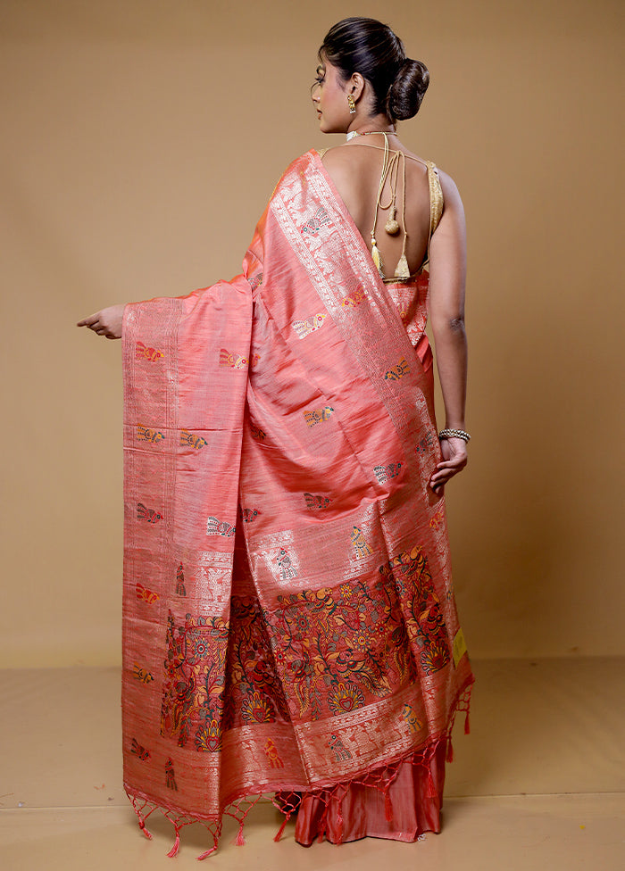 Pink Tussar Silk Saree With Blouse Piece