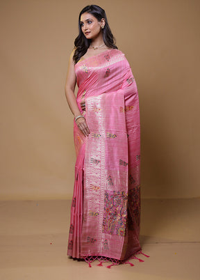 Pink Tussar Silk Saree With Blouse Piece