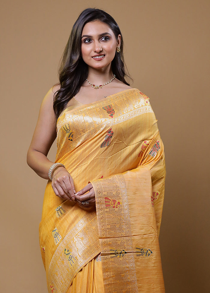 Yellow Tussar Silk Saree With Blouse Piece