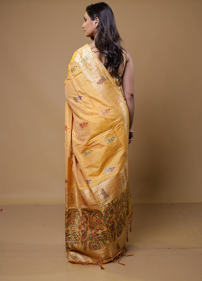 Yellow Tussar Silk Saree With Blouse Piece