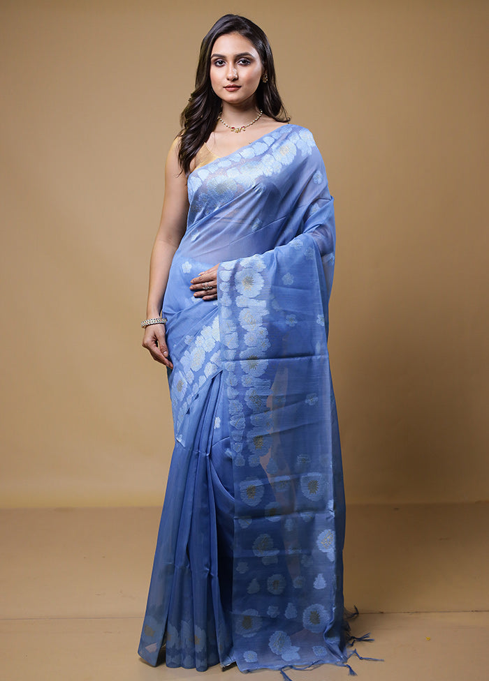 Blue Organza Saree With Blouse Piece