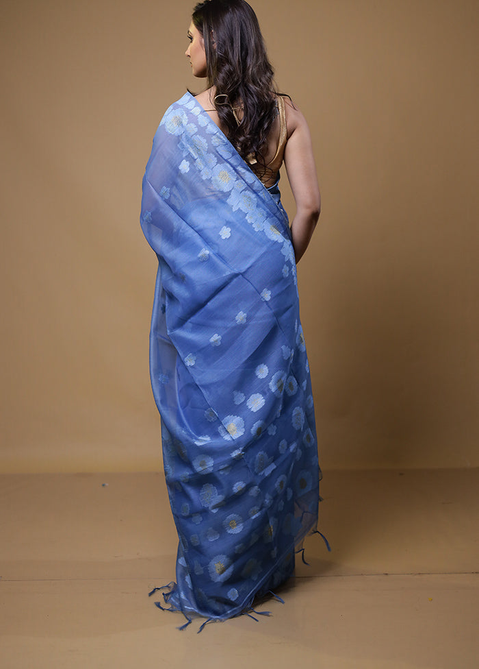 Blue Organza Saree With Blouse Piece