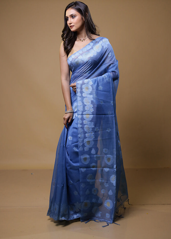 Blue Organza Saree With Blouse Piece