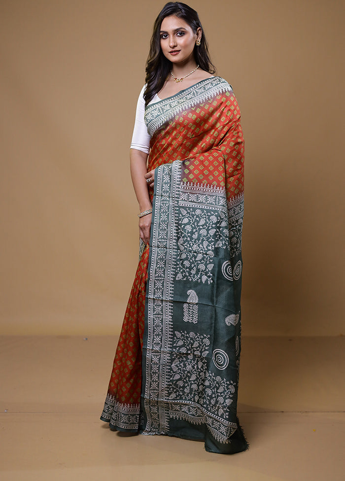 Orange Printed Pure Silk Saree Without Blouse Piece