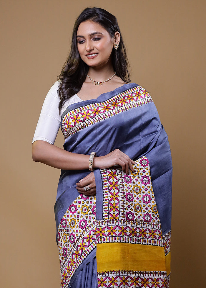 Grey Printed Pure Silk Saree Without Blouse Piece