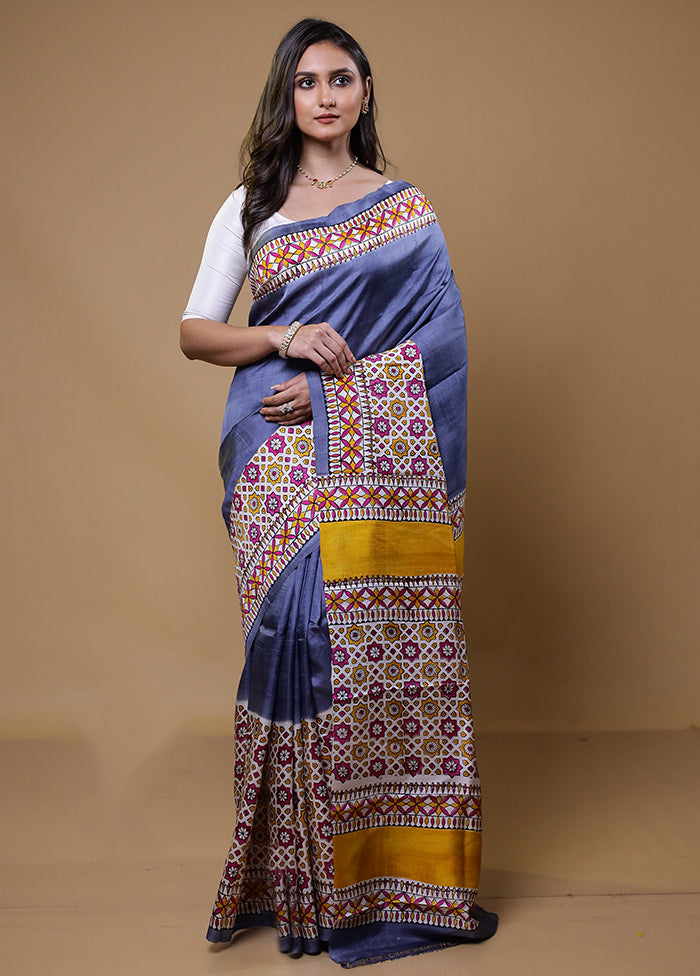 Grey Printed Pure Silk Saree Without Blouse Piece