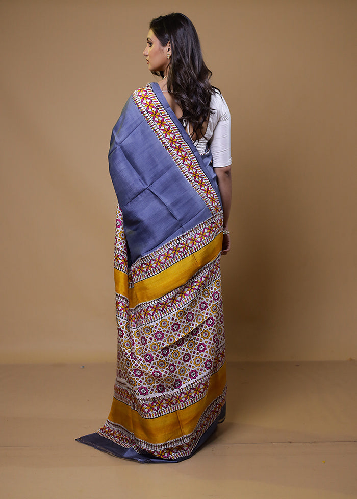 Grey Printed Pure Silk Saree Without Blouse Piece