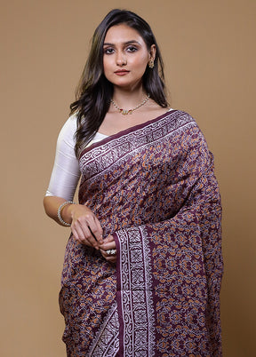 Purple Printed Pure Silk Saree Without Blouse Piece