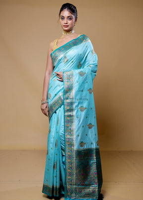 Blue Dupion Silk Saree With Blouse Piece