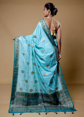 Blue Dupion Silk Saree With Blouse Piece