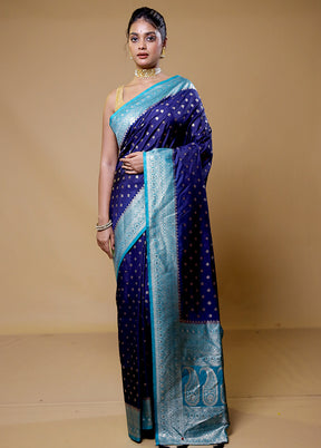 Blue Dupion Silk Saree With Blouse Piece