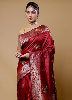 Red Tussar Silk Saree With Blouse Piece