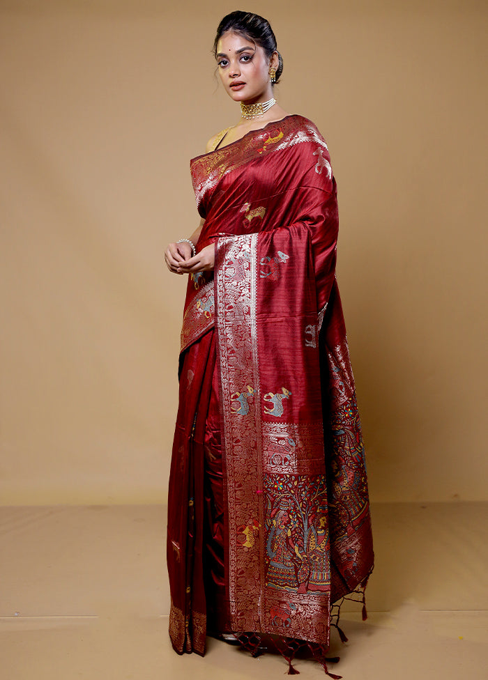 Red Tussar Silk Saree With Blouse Piece