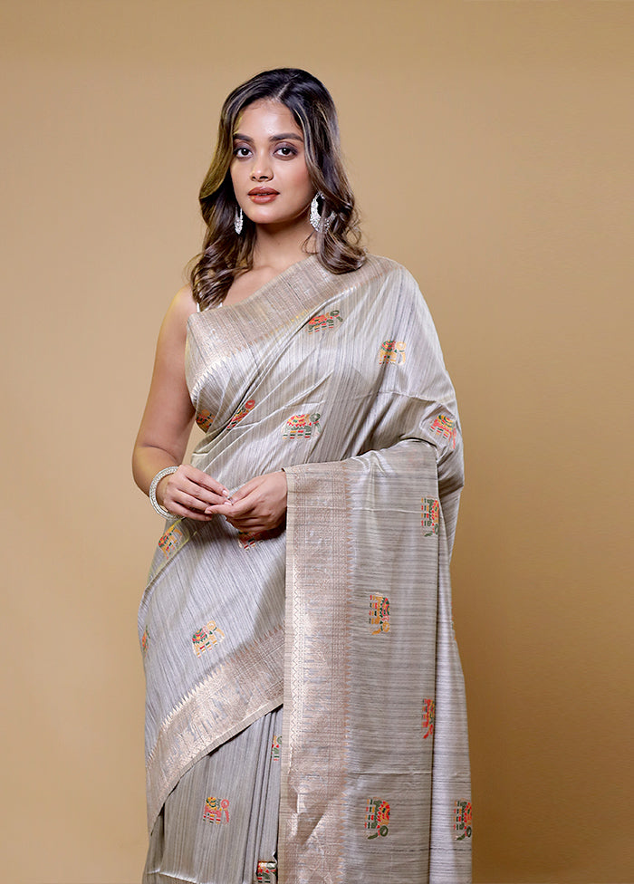 Grey Tussar Silk Saree With Blouse Piece