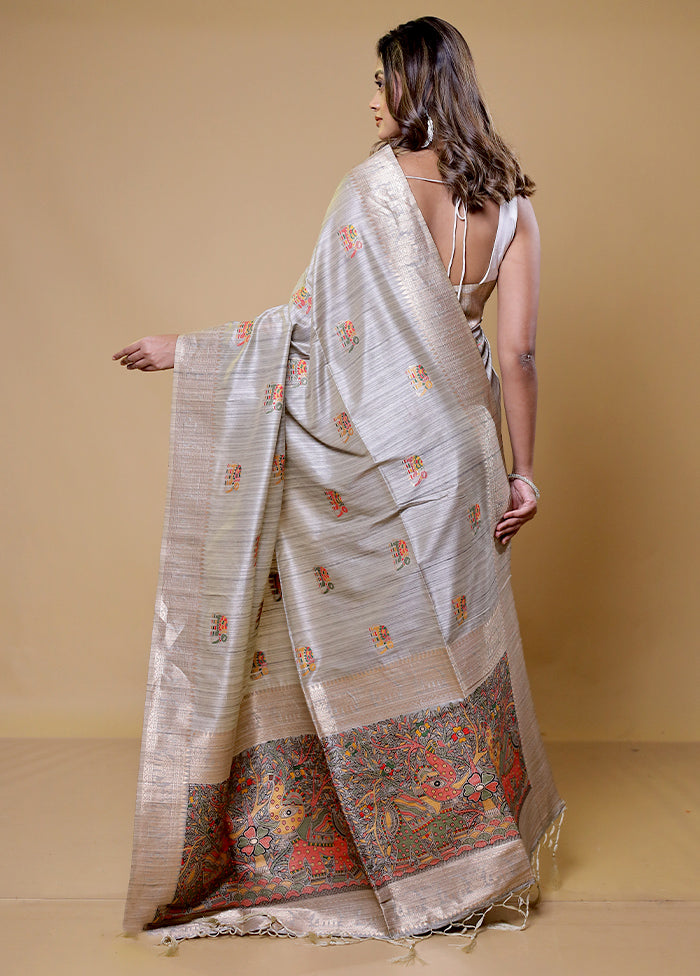 Grey Tussar Silk Saree With Blouse Piece