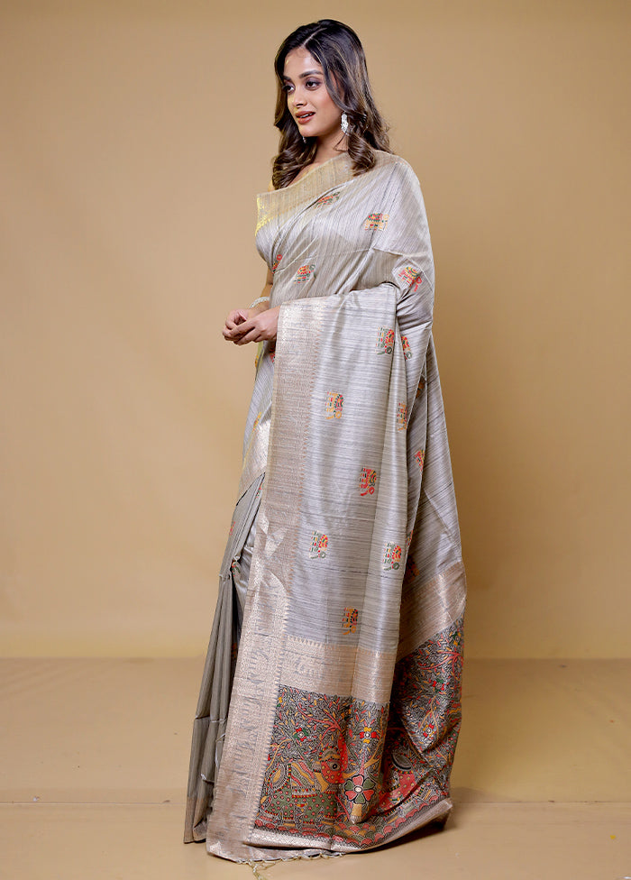 Grey Tussar Silk Saree With Blouse Piece