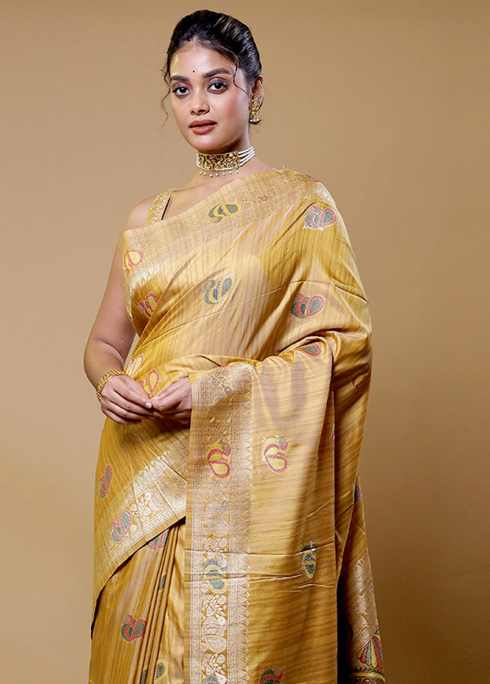 Yellow Tussar Silk Saree With Blouse Piece