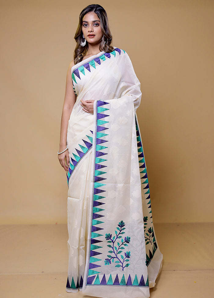 White Pure Cotton Saree With Blouse Piece