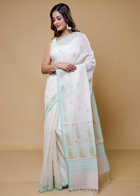 White Pure Cotton Saree With Blouse Piece