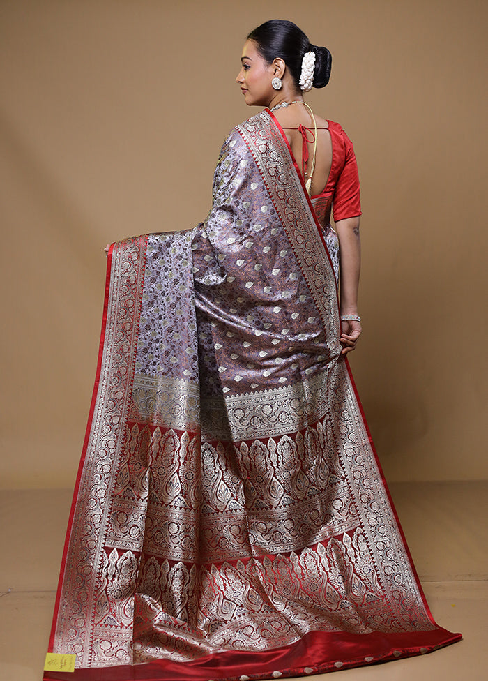 Grey Handloom Tanchoi Pure Silk Saree With Blouse Piece