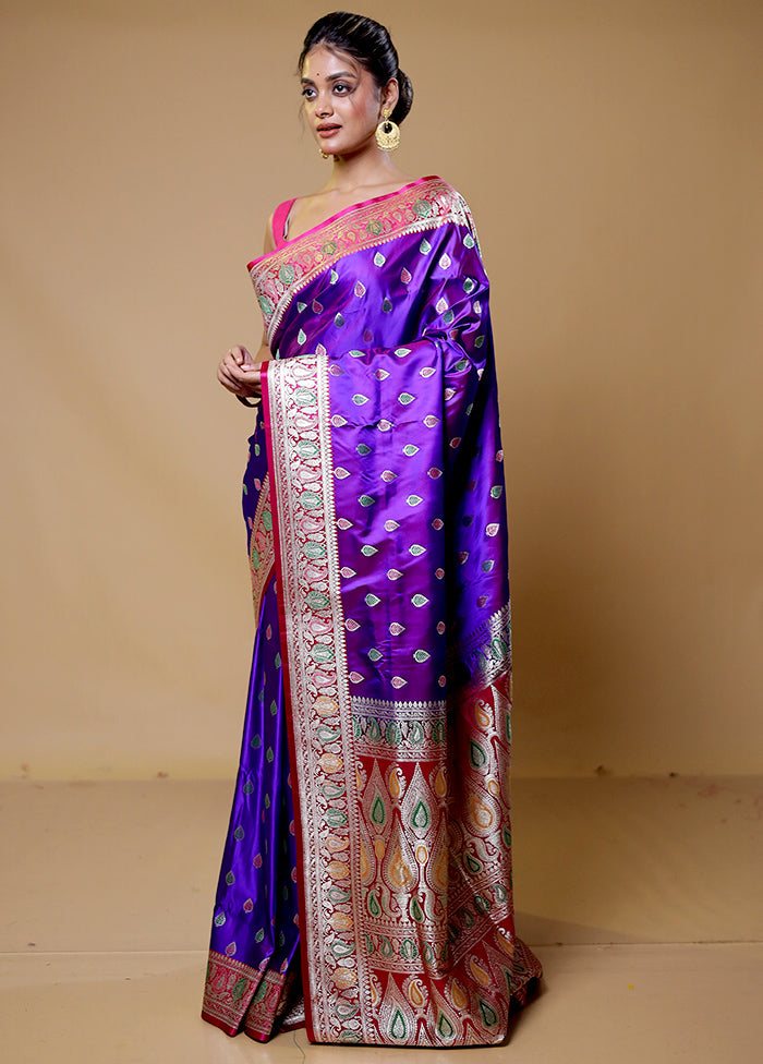 Purple Handloom Banarasi Pure Silk Saree With Blouse Piece