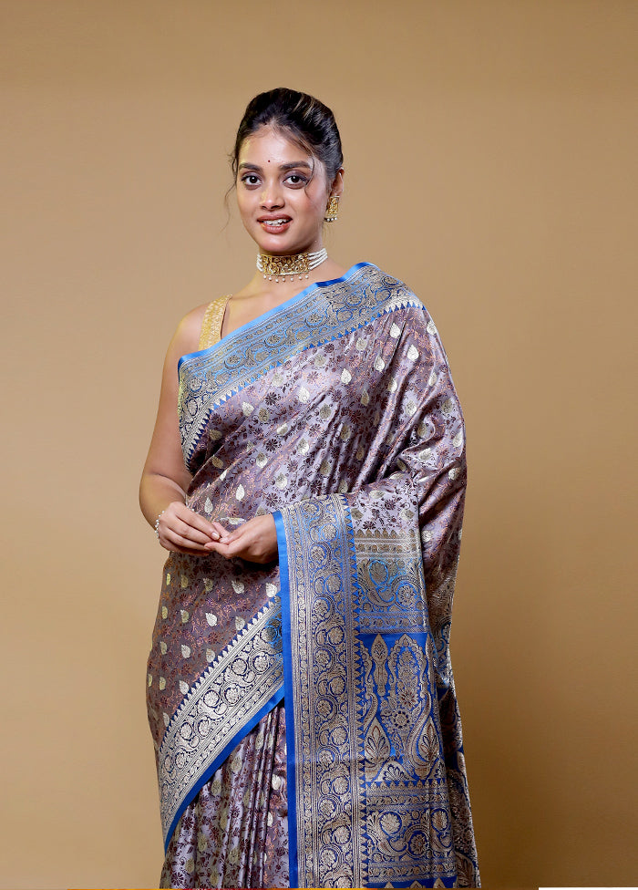 Grey Handloom Tanchoi Pure Silk Saree With Blouse Piece