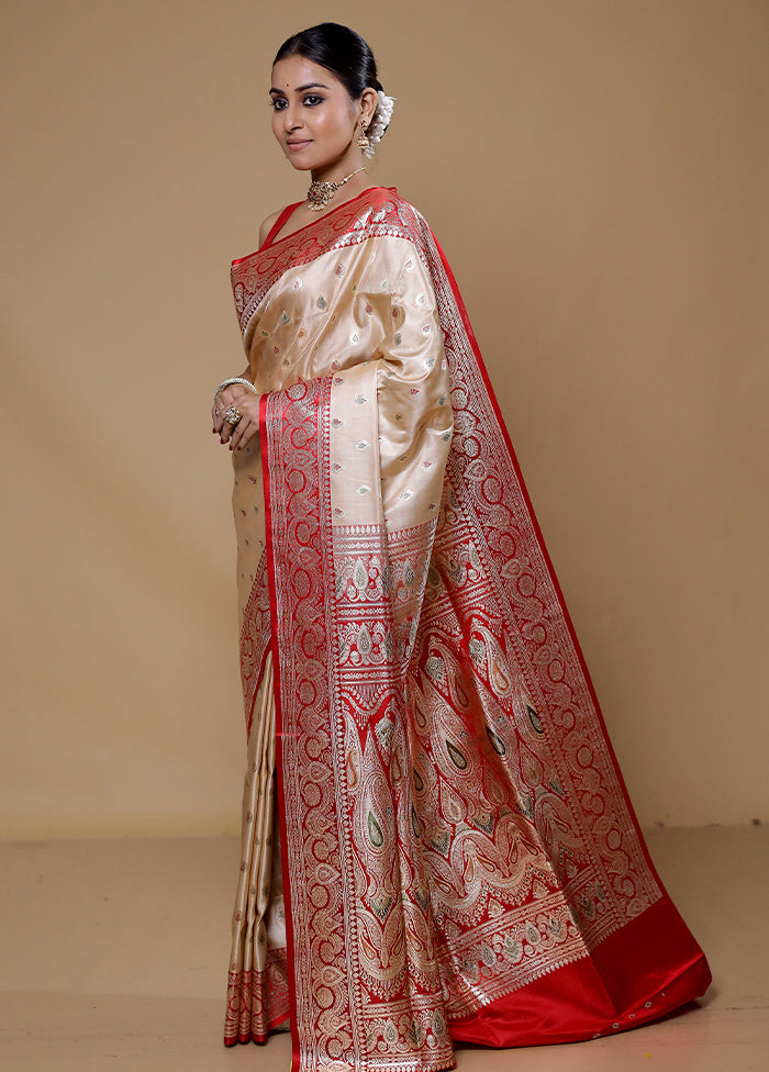 Cream Handloom Banarasi Pure Silk Saree With Blouse Piece