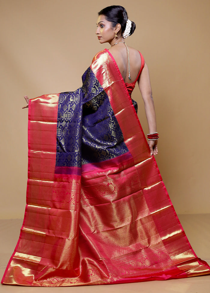 Blue Handloom Kanchipuram Pure Silk Saree With Blouse Piece