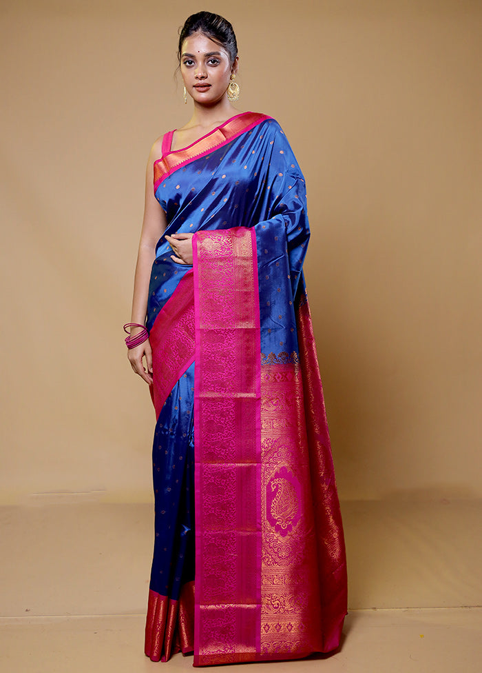 Blue Kanjivaram Silk Saree With Blouse Piece