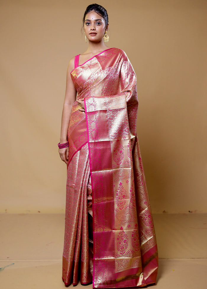 Pink Kanjivaram Silk Saree With Blouse Piece