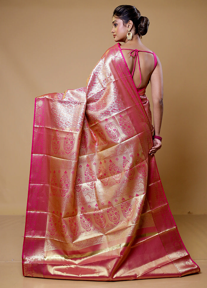 Pink Kanjivaram Silk Saree With Blouse Piece