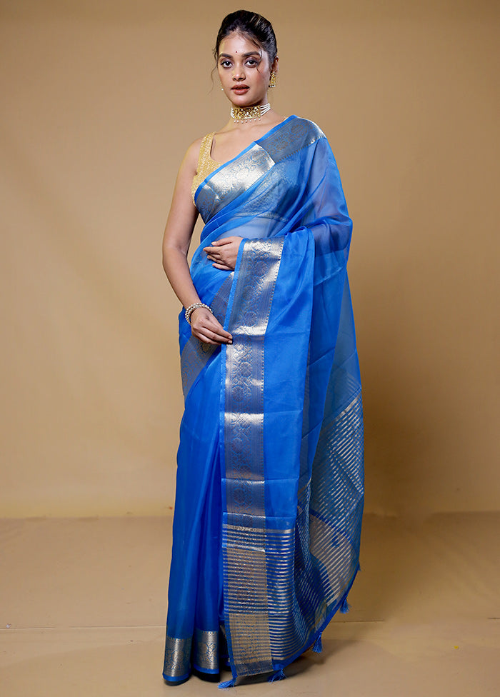 Blue Organza Saree With Blouse Piece