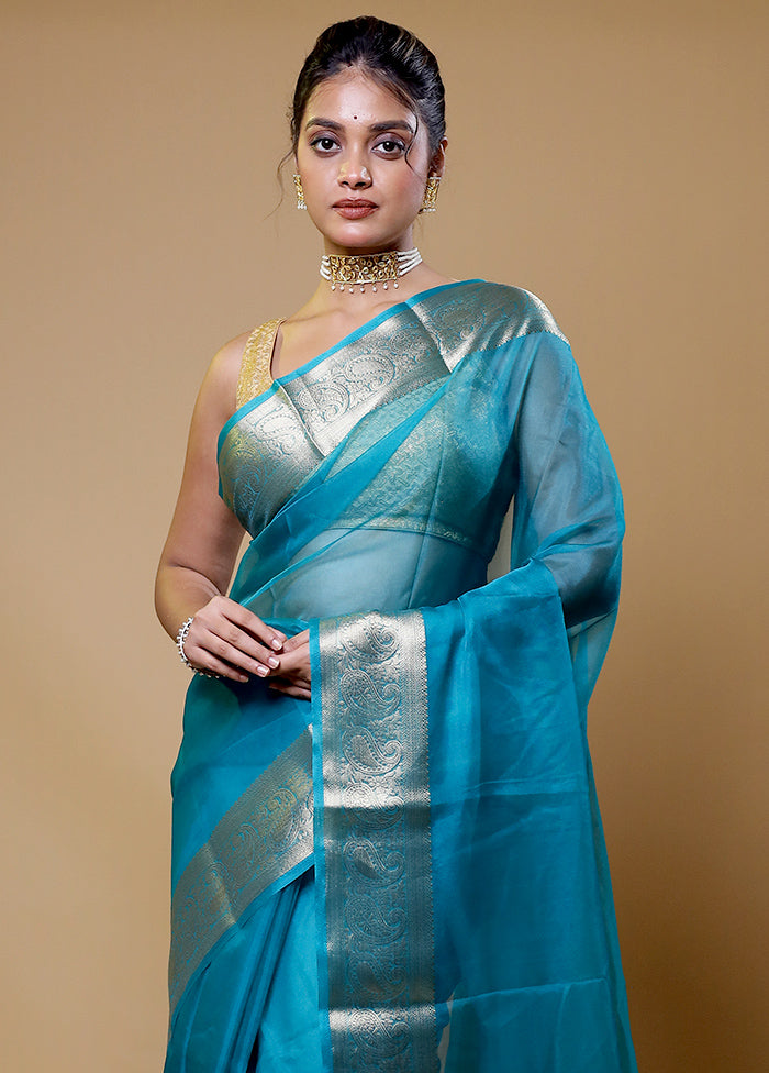 Blue Organza Saree With Blouse Piece